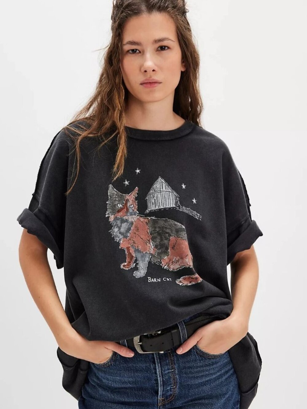 Free People We The Free Farm Friends Tee Tunic Top Printed Oversized L 290449